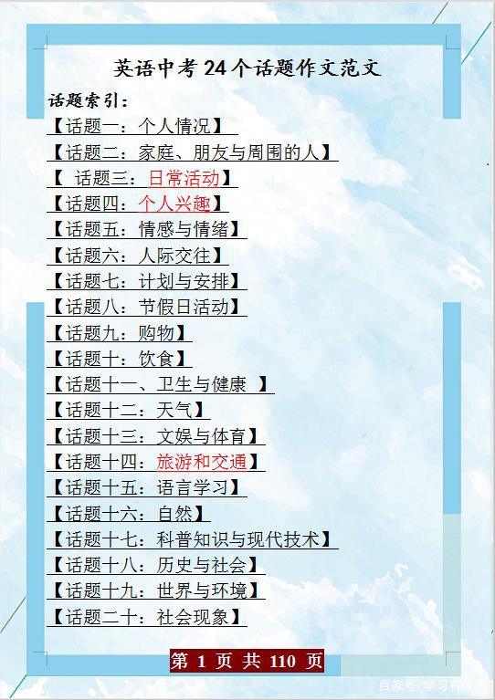 中考英语作文备考:24个话题作文范文,想英语作文满分就赶紧收藏